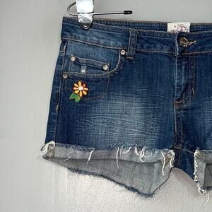 Embroidered Size 11 Blue Jean Denim Low Rise Short Shorts Micro Mini Y2K 2000s